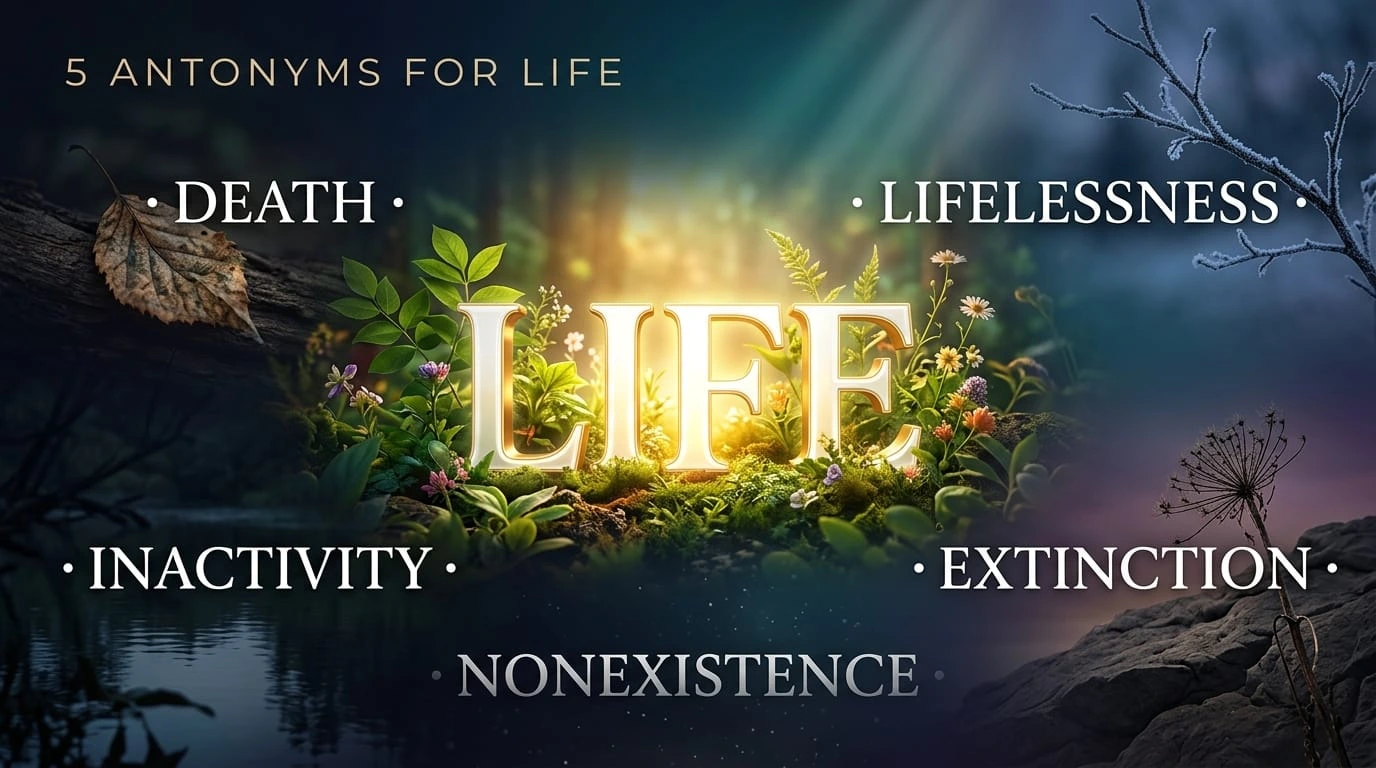 Educational graphic comparing life with death, nonexistence, lifelessness, deadness, and in