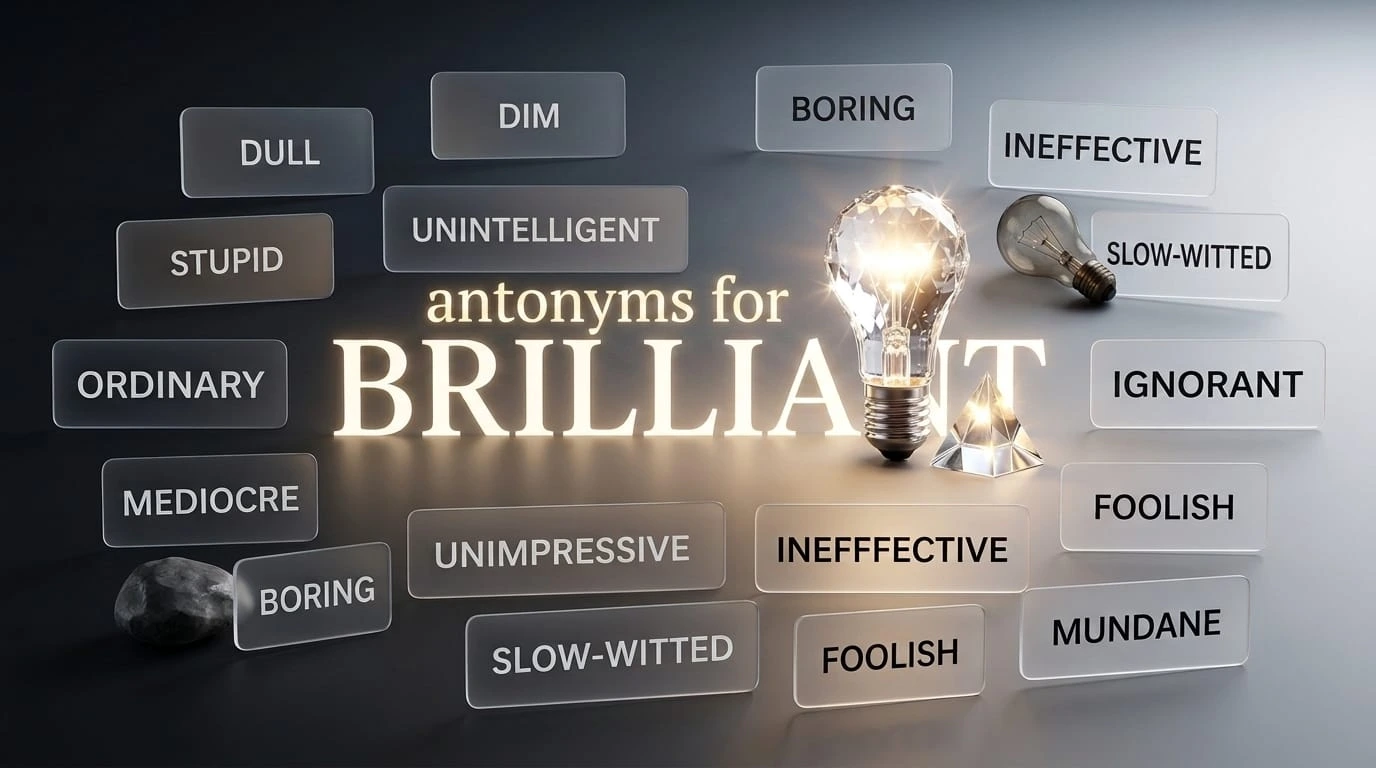 Antonyms for brilliant showing dull, mediocre, unintelligent, dim, and muted as opposite words
