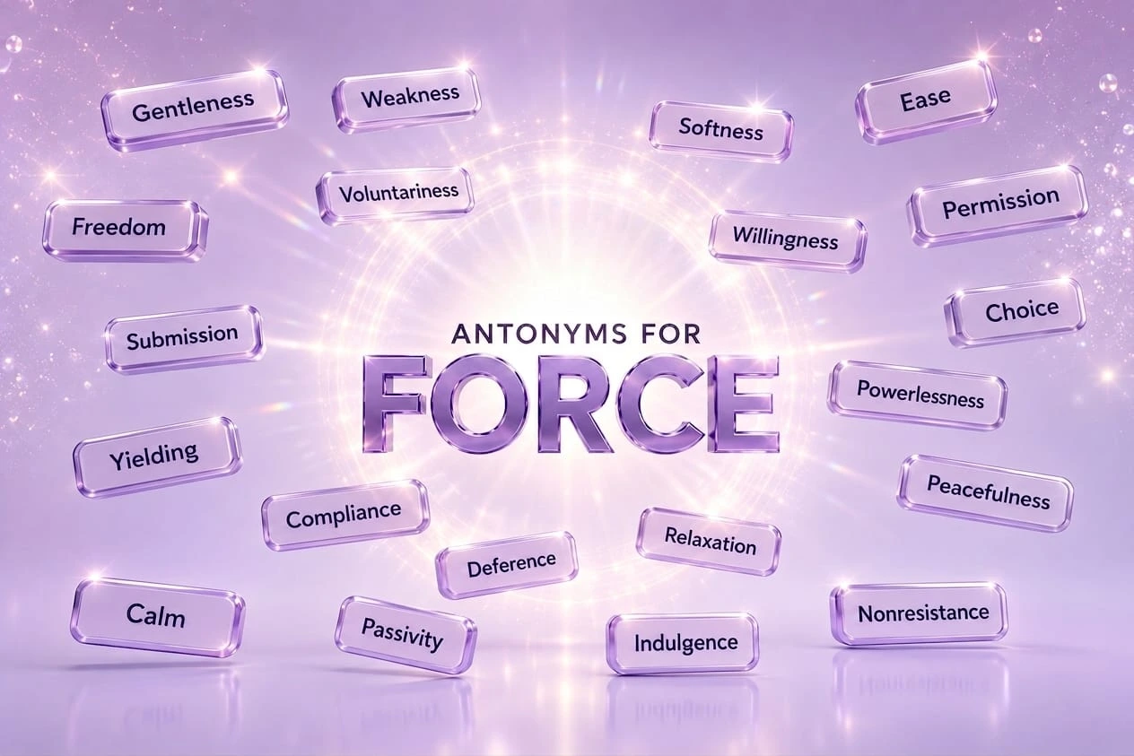Antonyms for force infographic showing choice, consent, freedom, gentleness, weakness, persuasion, peace, and other opposite concepts.