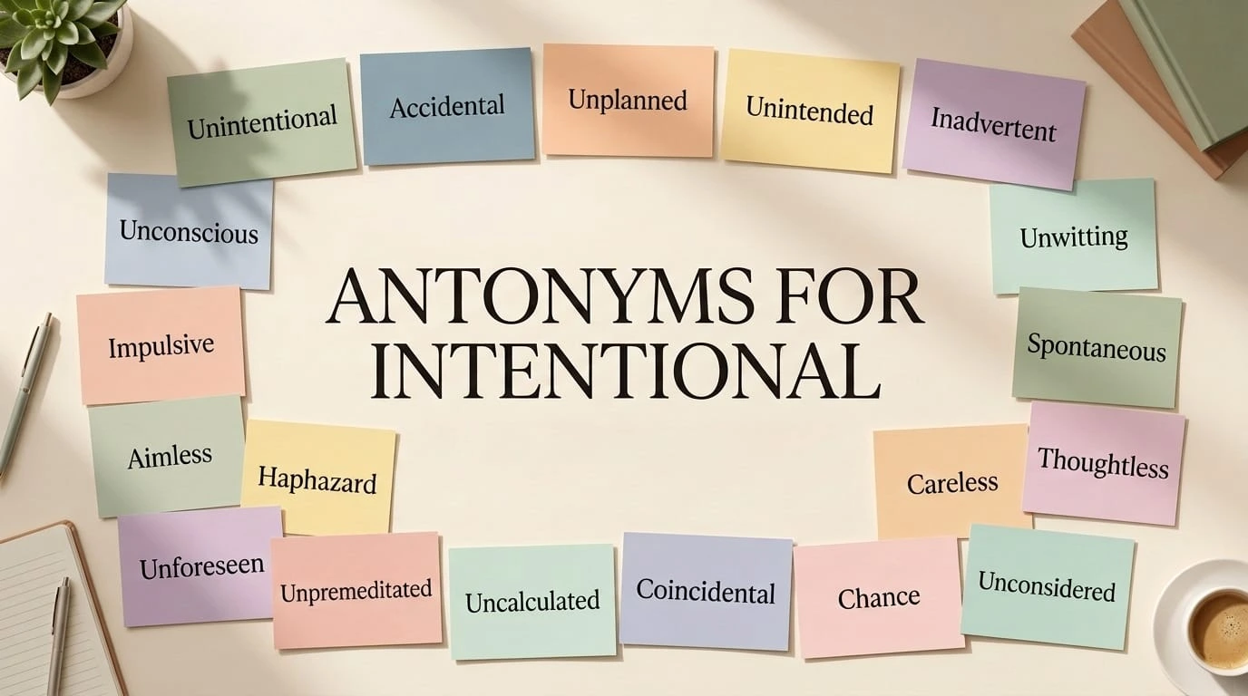 "Sticky notes arranged in a circle listing antonyms for 'intentional' (Accidental, Unplanned, Spontaneous, Careless, etc.) around bold center text 'ANTONYMS FOR INTENTIONAL', on a desk with a plant, books, and coffee."