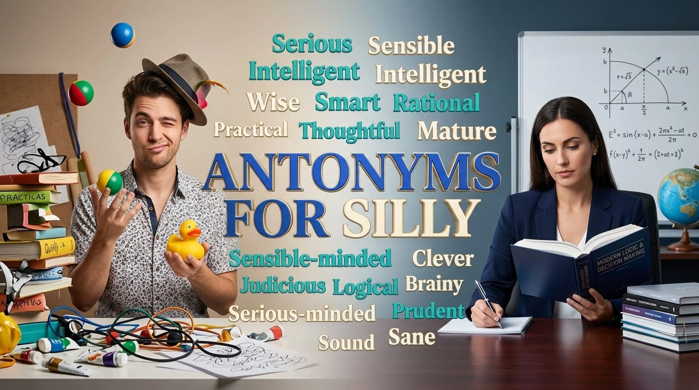 Antonyms for silly showing serious, sensible, wise, and rational as contrasting words