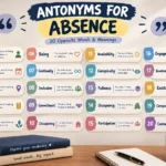 Infographic showing 20 antonyms for “Absence” with brief meanings.