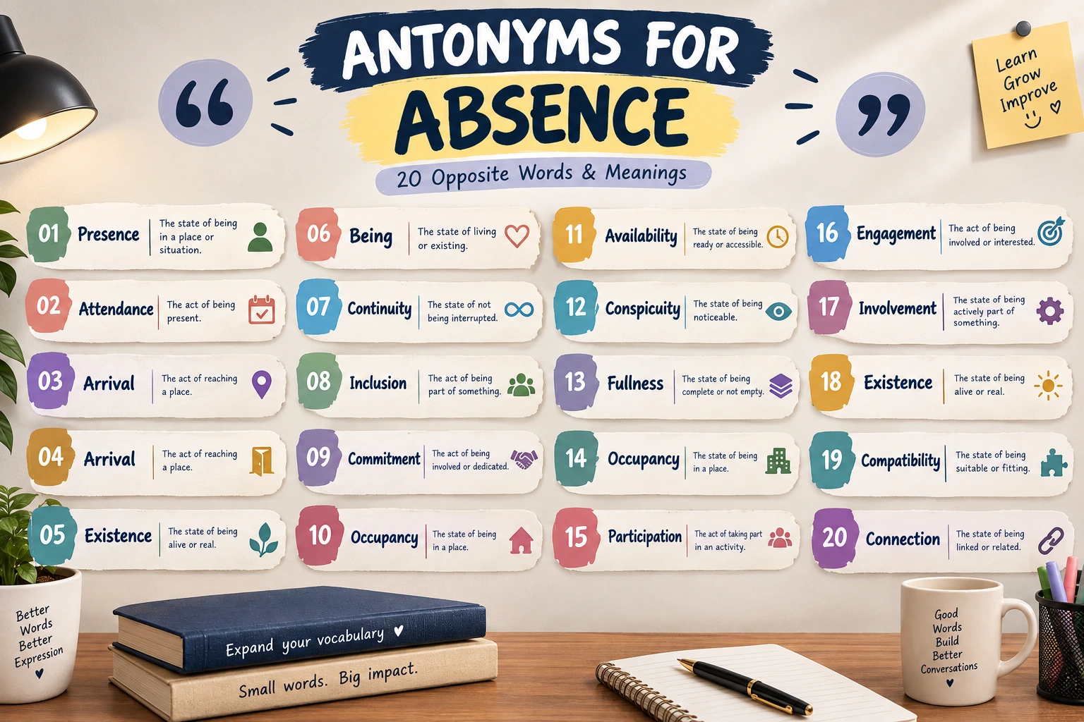 Infographic showing 20 antonyms for “Absence” with brief meanings.