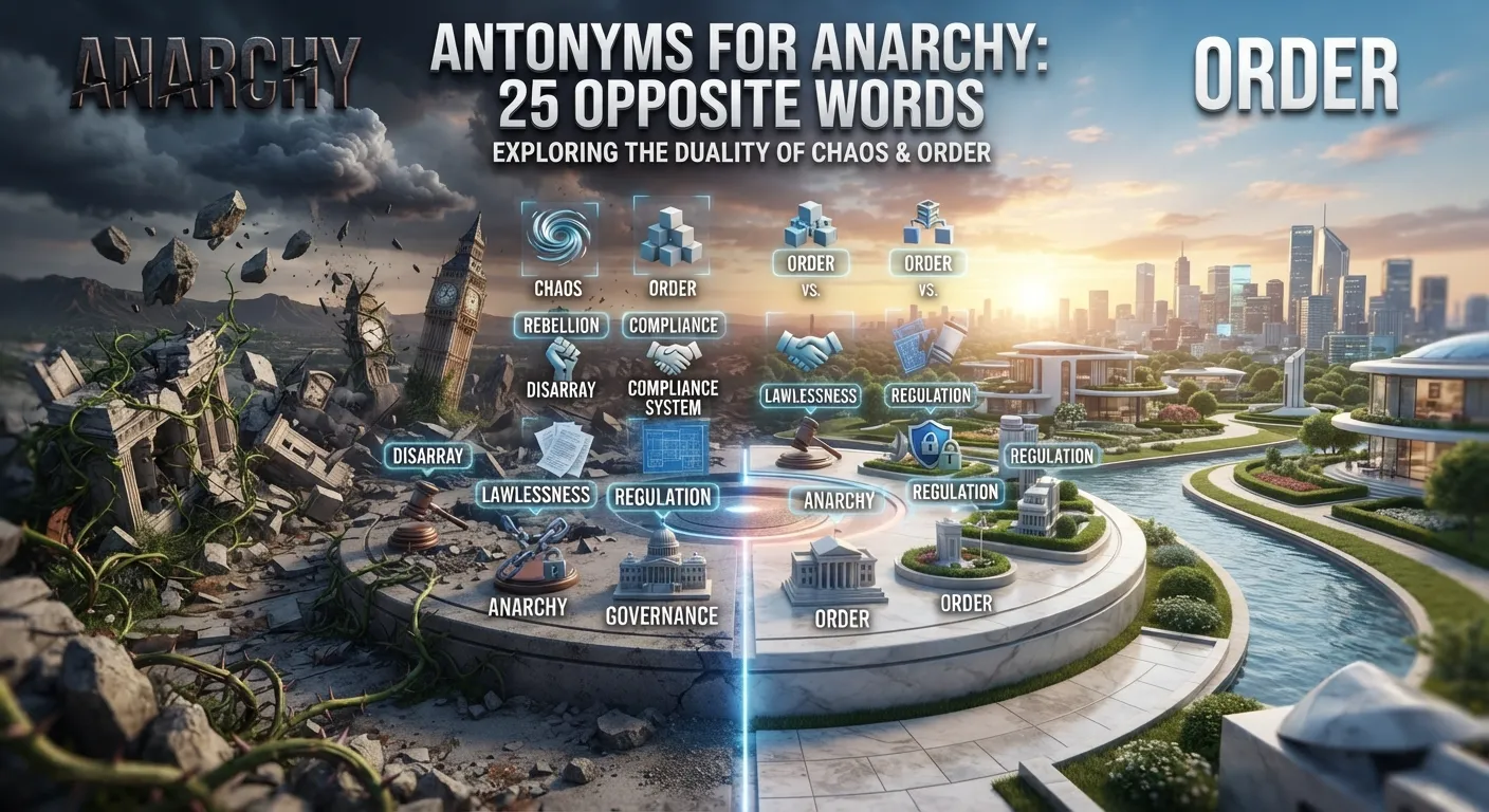 Two antonyms for anarchy showing order and government alongside related opposite concepts.
