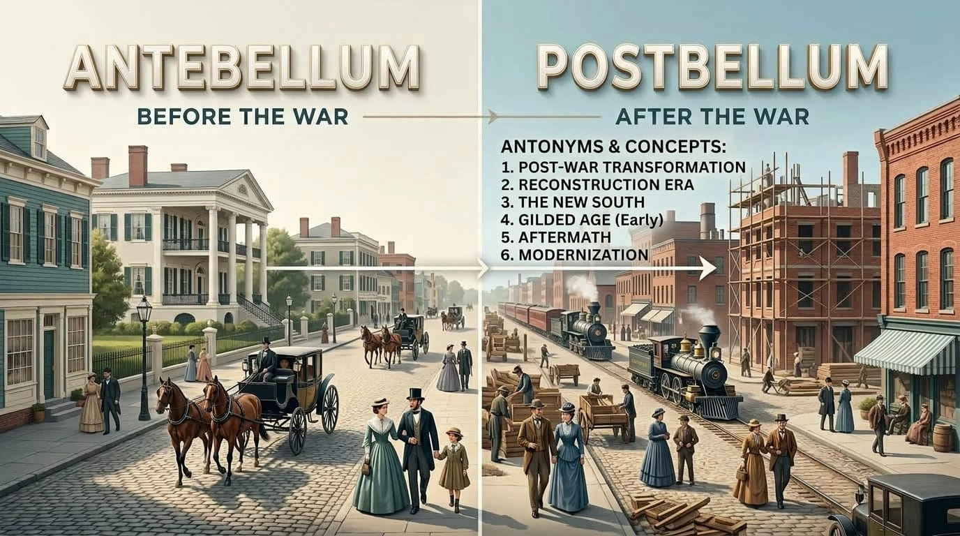 Antebellum and postbellum shown as contrasting historical periods before and after a war