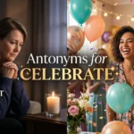Realistic educational image showing celebrate contrasted with mourn and other opposite reactions.