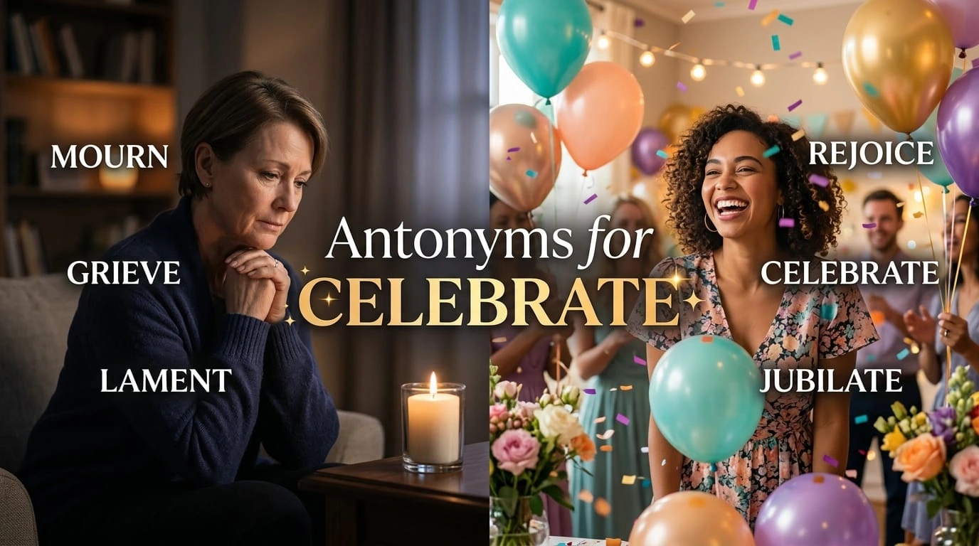 Realistic educational image showing celebrate contrasted with mourn and other opposite reactions.