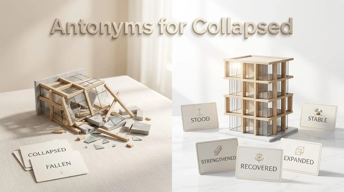 Educational comparison showing collapsed and standing structures with opposite words for collapsed
