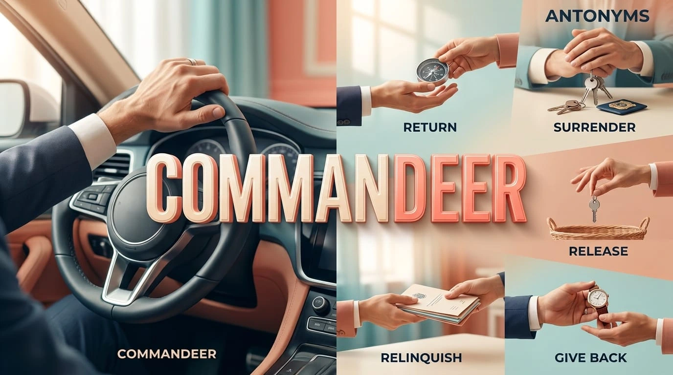 Antonyms for commandeer showing return, relinquish, surrender, release, and restore