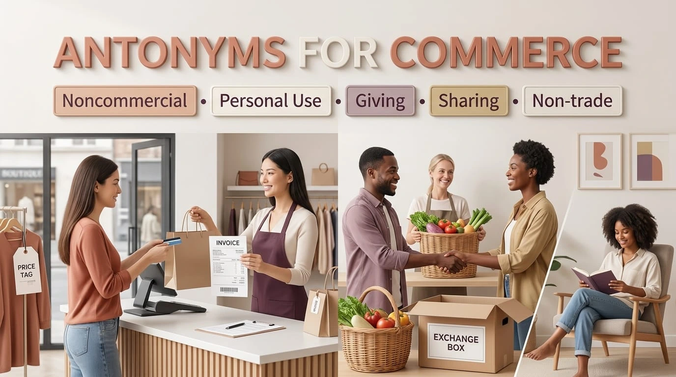Antonyms for commerce showing trade, noncommercial activity, self-sufficiency, and economic isolation