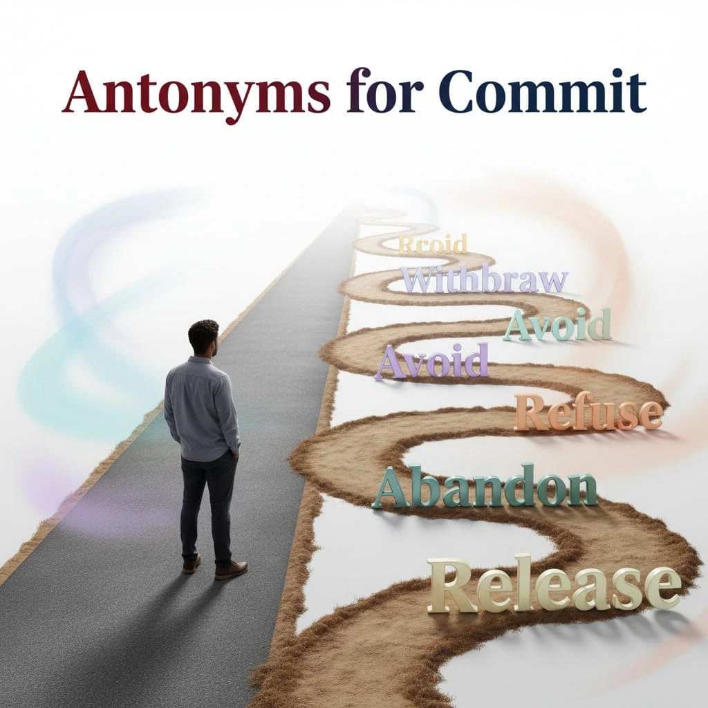 Antonyms for commit showing avoid, refrain, withdraw, abandon, and hesitate