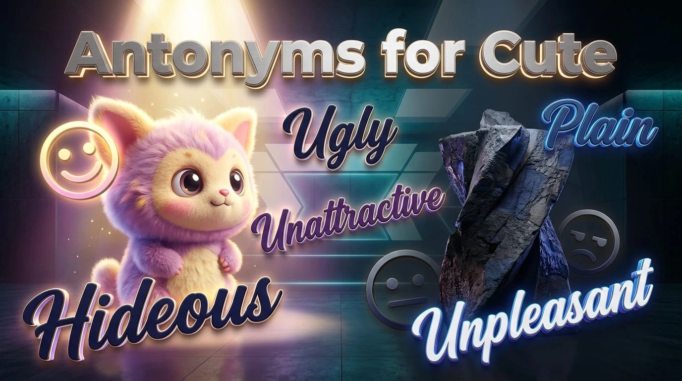 Antonyms for cute showing ugly, unattractive, plain, unappealing, and unsightly