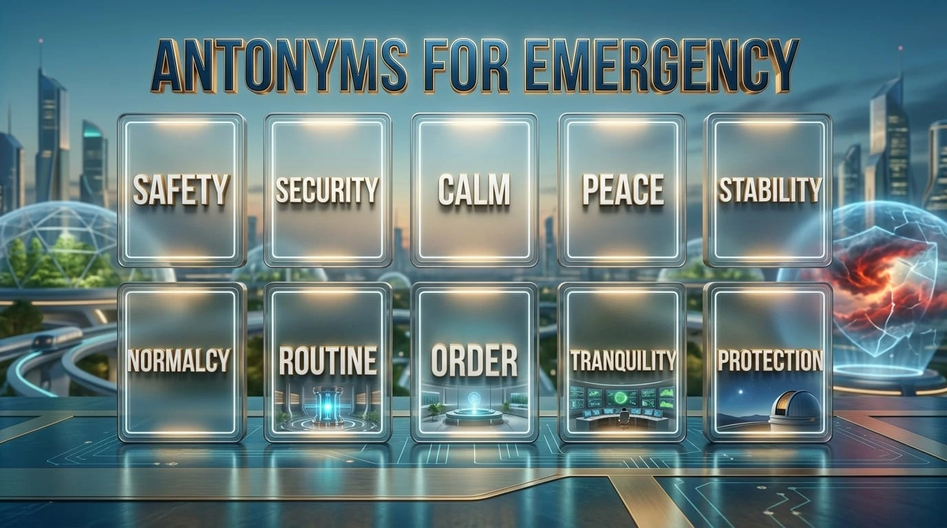 Antonyms for emergency showing normalcy, routine, safety, stability, and calmness
