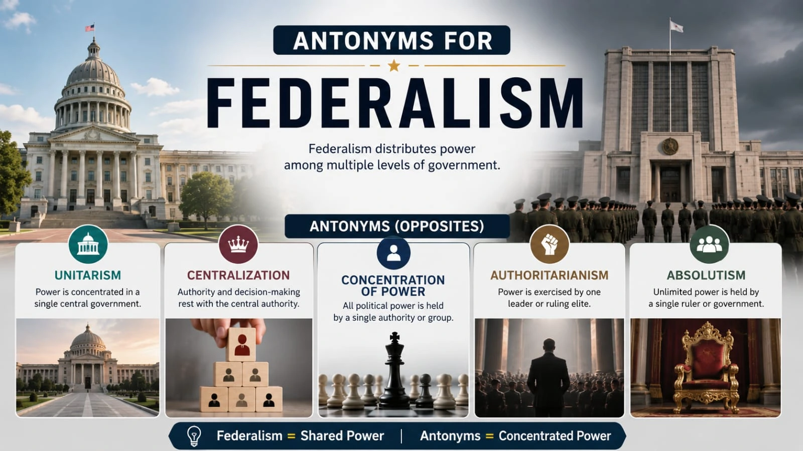 Federalism and unitarism compared through shared versus centralized government authority