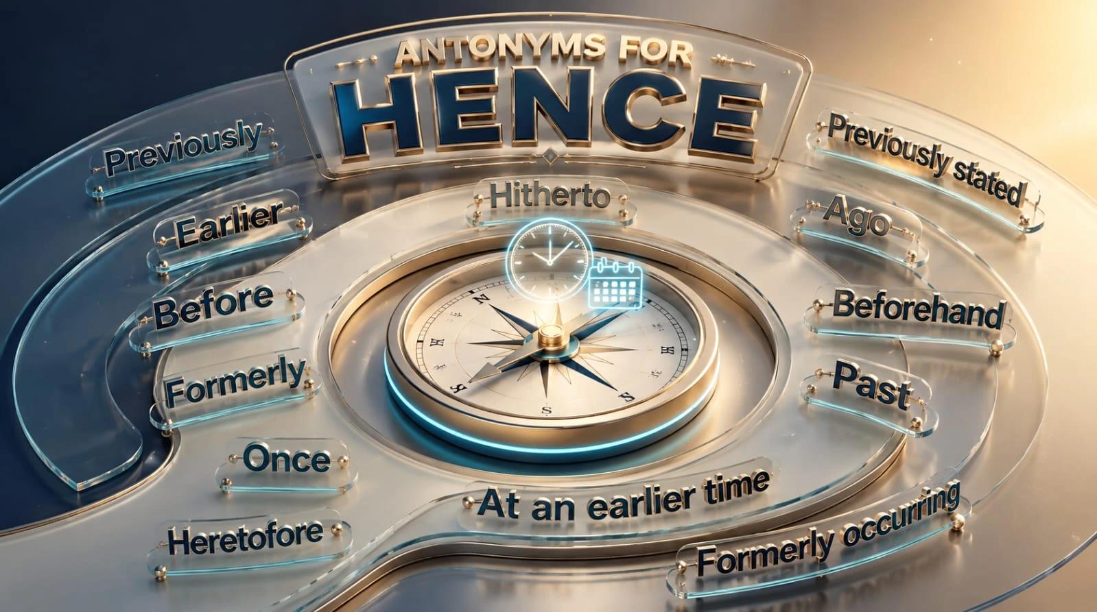 Antonyms for hence infographic showing earlier, before, previously, nevertheless, despite this, and other contextual opposites.