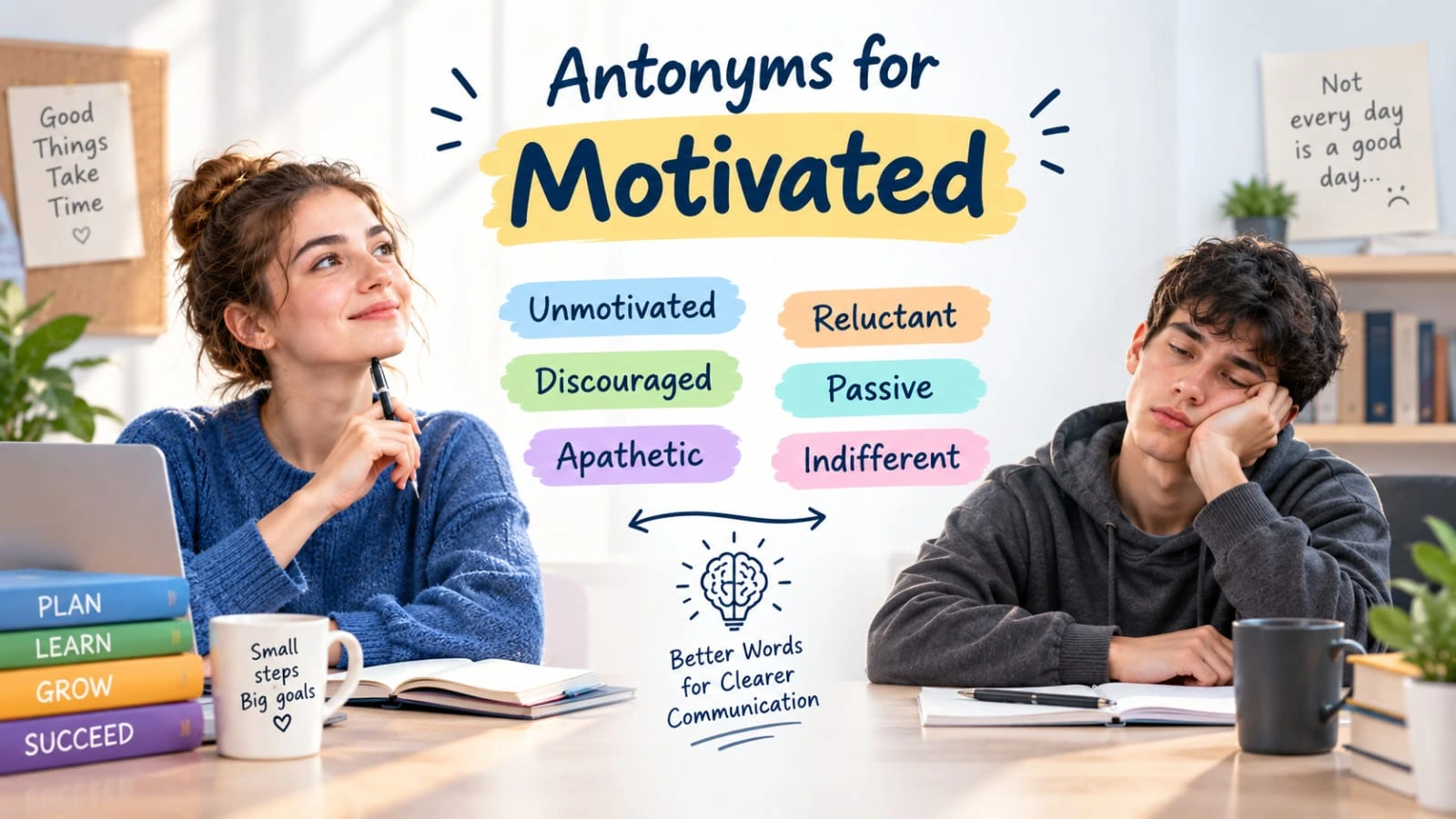 Antonyms for motivated showing unmotivated, discouraged, apathetic, reluctant, and passive states
