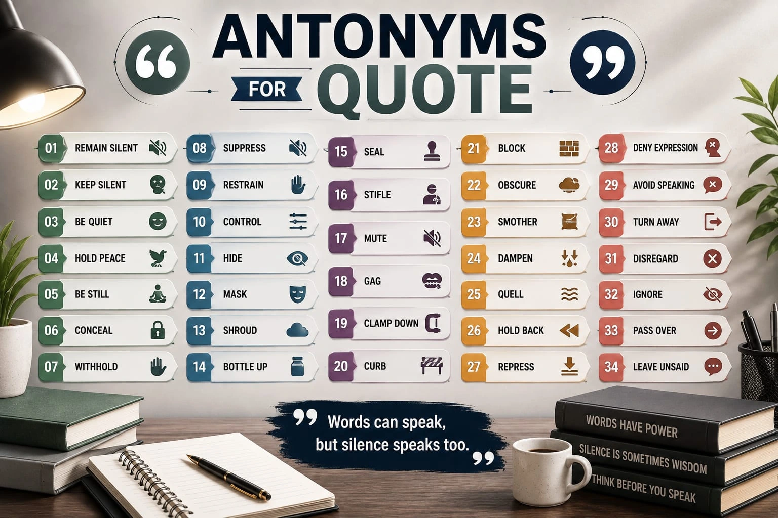 Antonyms for quote showing quote, paraphrase, summarize, and rephrase in a simple English vocabulary comparison.