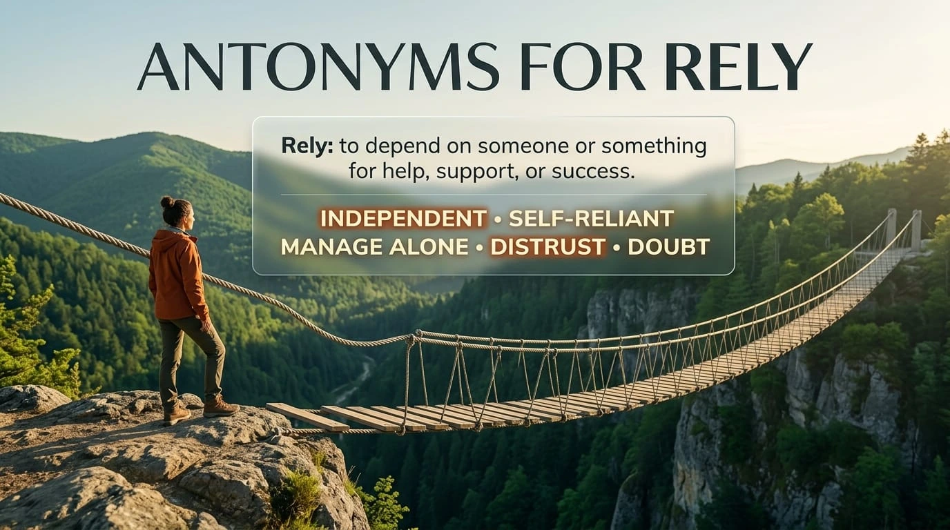 Educational illustration showing rely and its opposite concepts of distrust and independence