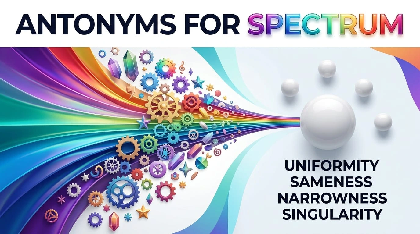 Antonyms for spectrum showing a broad range contrasted with singularity, uniformity, narrowness, and monochrome.