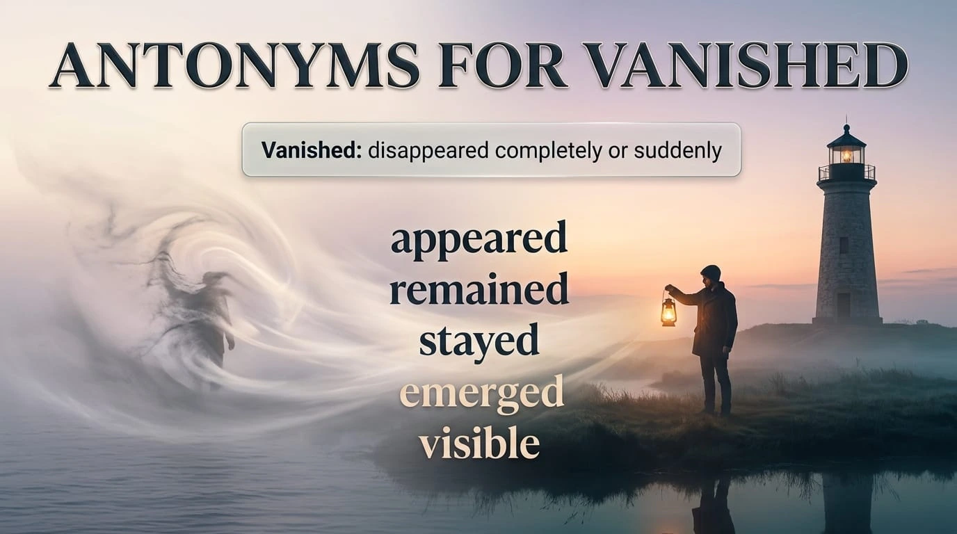 Educational comparison showing vanished and its opposite appeared with related contextual antonyms.