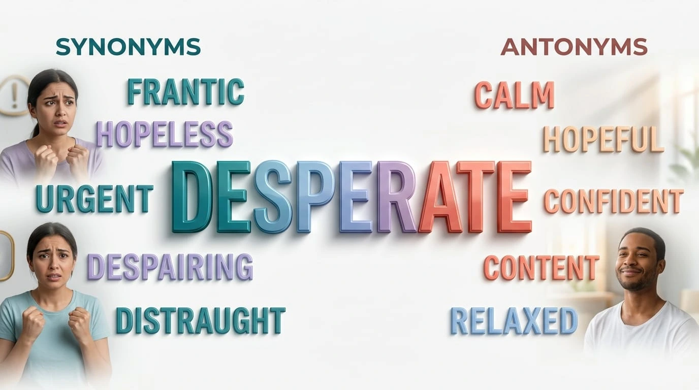 Synonyms and antonyms for desperate showing words such as frantic, hopeless, hopeful, calm, and confident.
