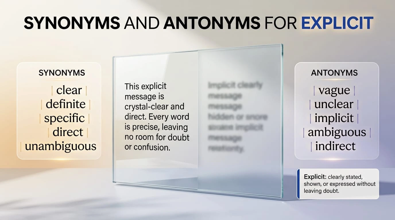 Synonyms and antonyms for explicit showing clear and implied meanings.