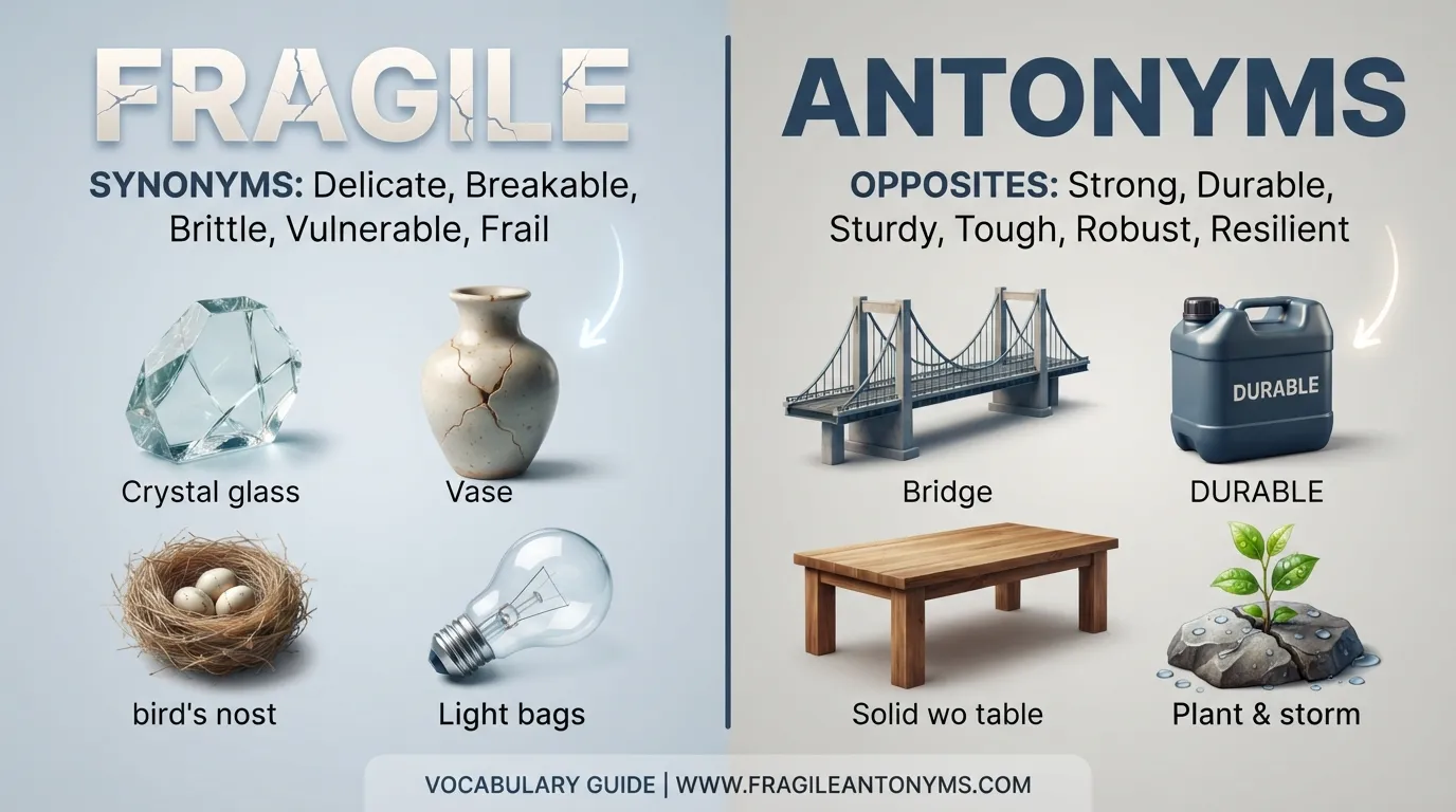 Synonyms and antonyms for fragile showing delicate and strong objects in contrast