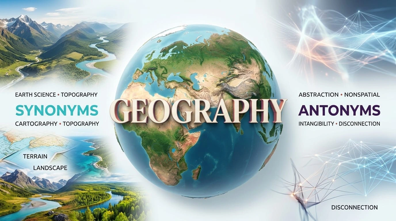 Educational comparison of geography synonyms including terrain, topography, landscape, and cartography