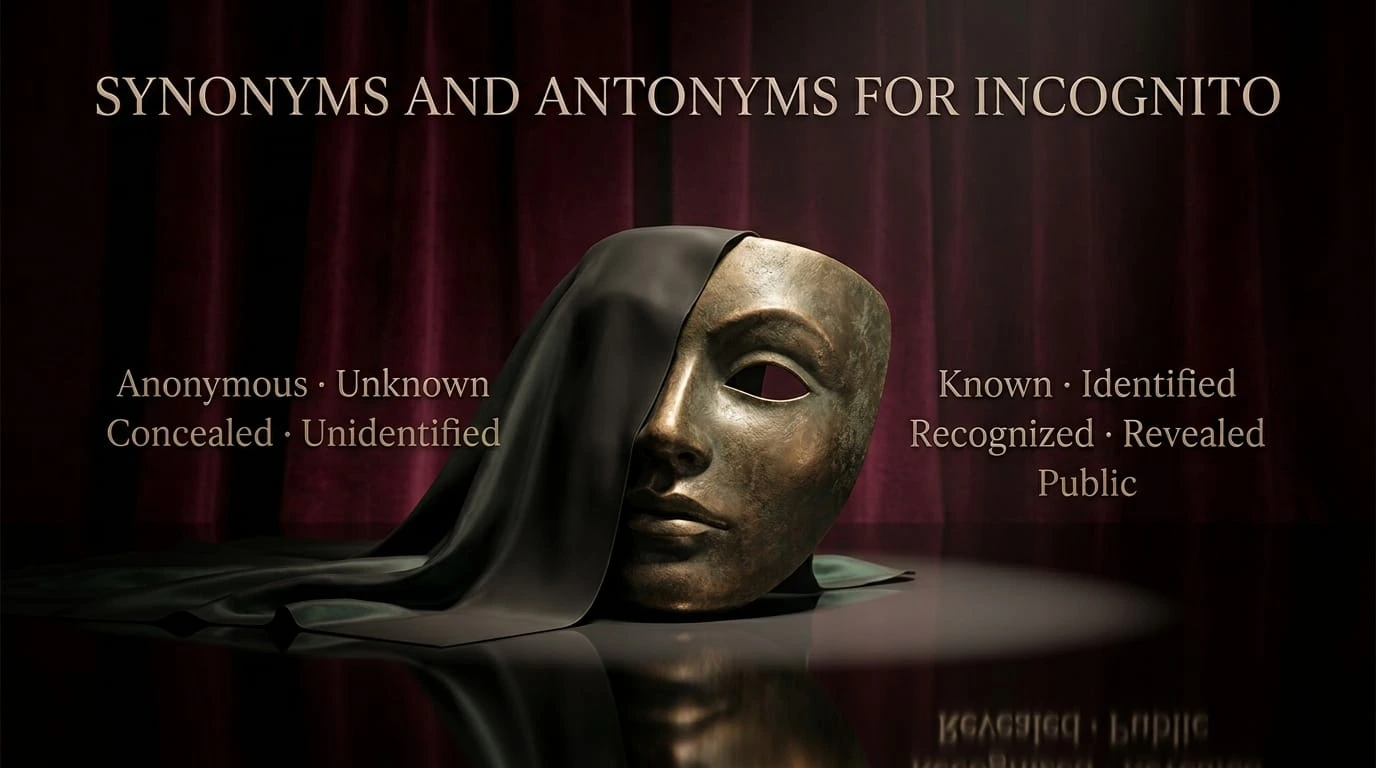 Synonyms and antonyms for incognito showing anonymous, disguised, identified, and recognizable