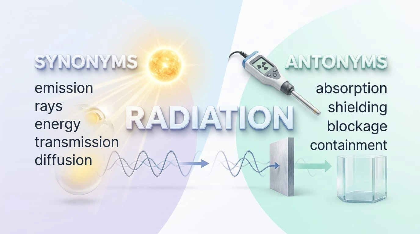 Synonyms and antonyms for radiation showing emission, absorption, shielding, and blocking