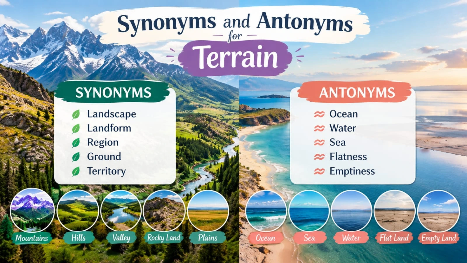 Educational comparison showing terrain, landscape, and contrasting land and water environments.