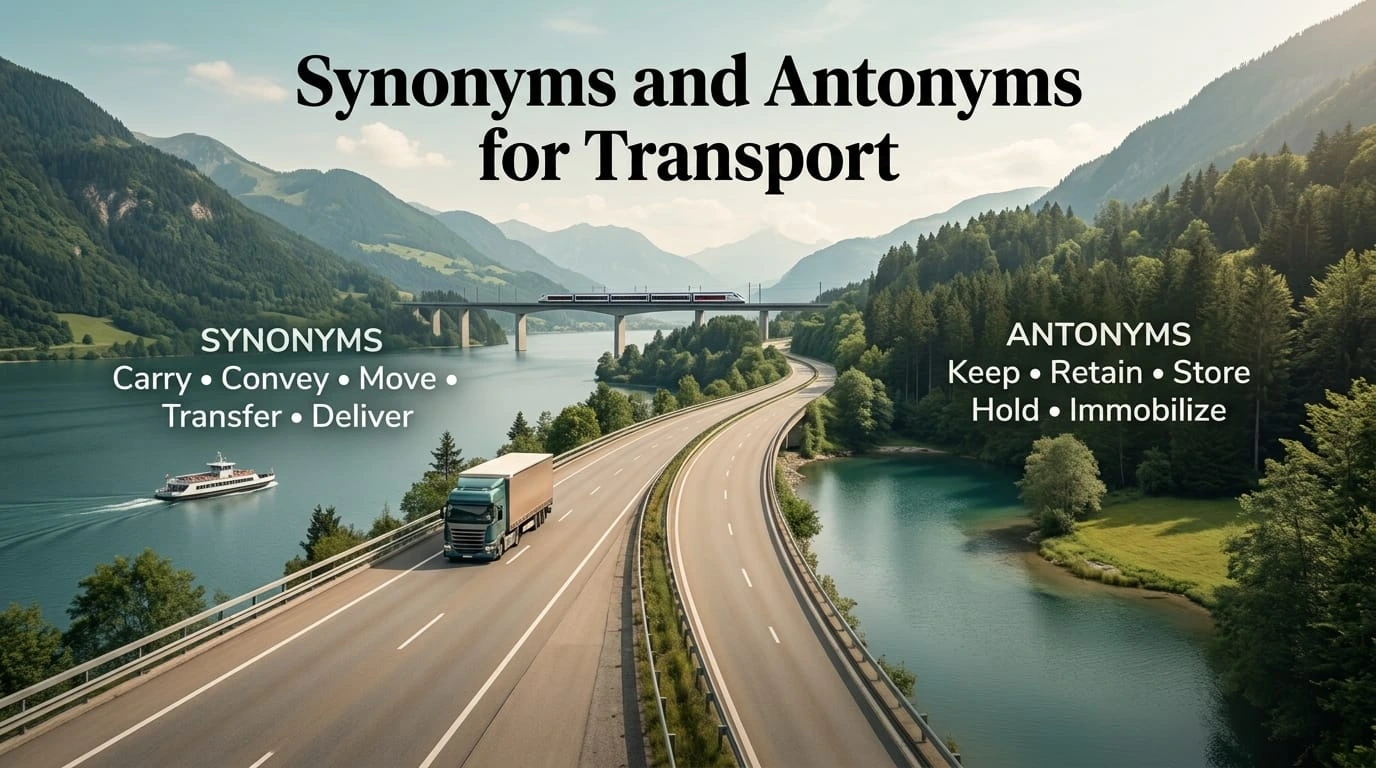 Synonyms and antonyms for transport showing movement words and contrasting concepts such as keep, remain, and immobilize.